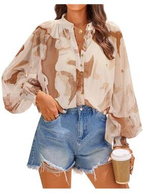 Womens Floral Ruffle Sleeve Blouse Boho Chiffon Summer Casual Top Shirt